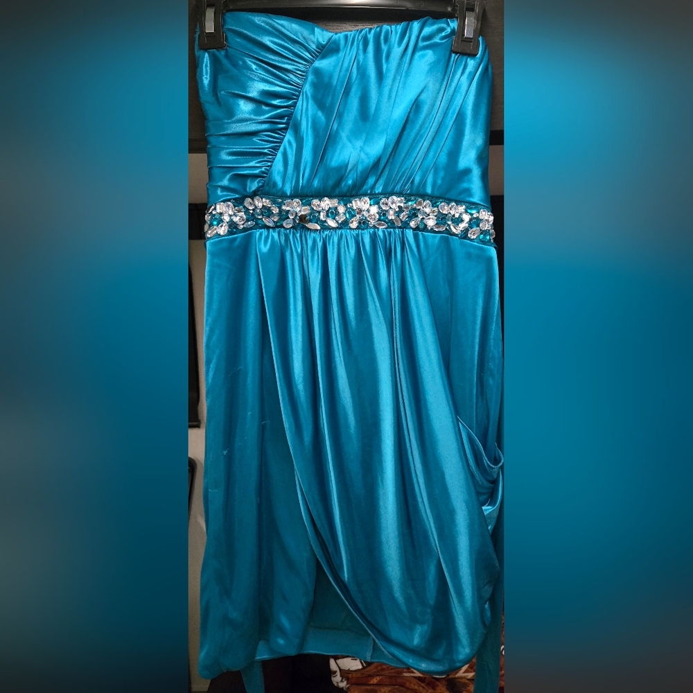 Teeze Me Strapless Blue Dress with Floral Embellishment